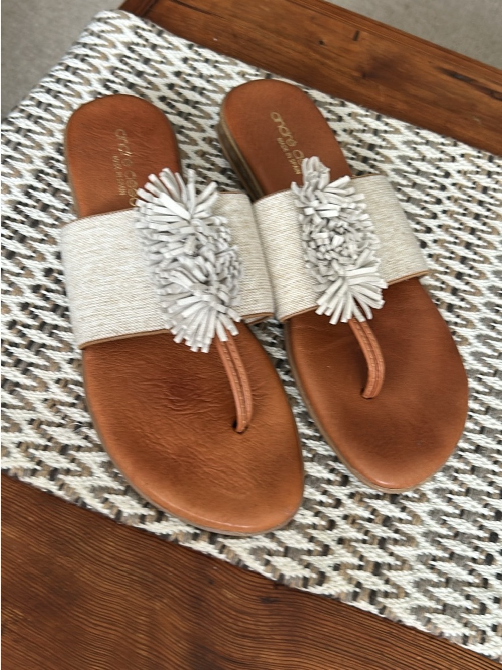 Crown Vintage Tan Leather Slide Sandals with Cream Textile Strap